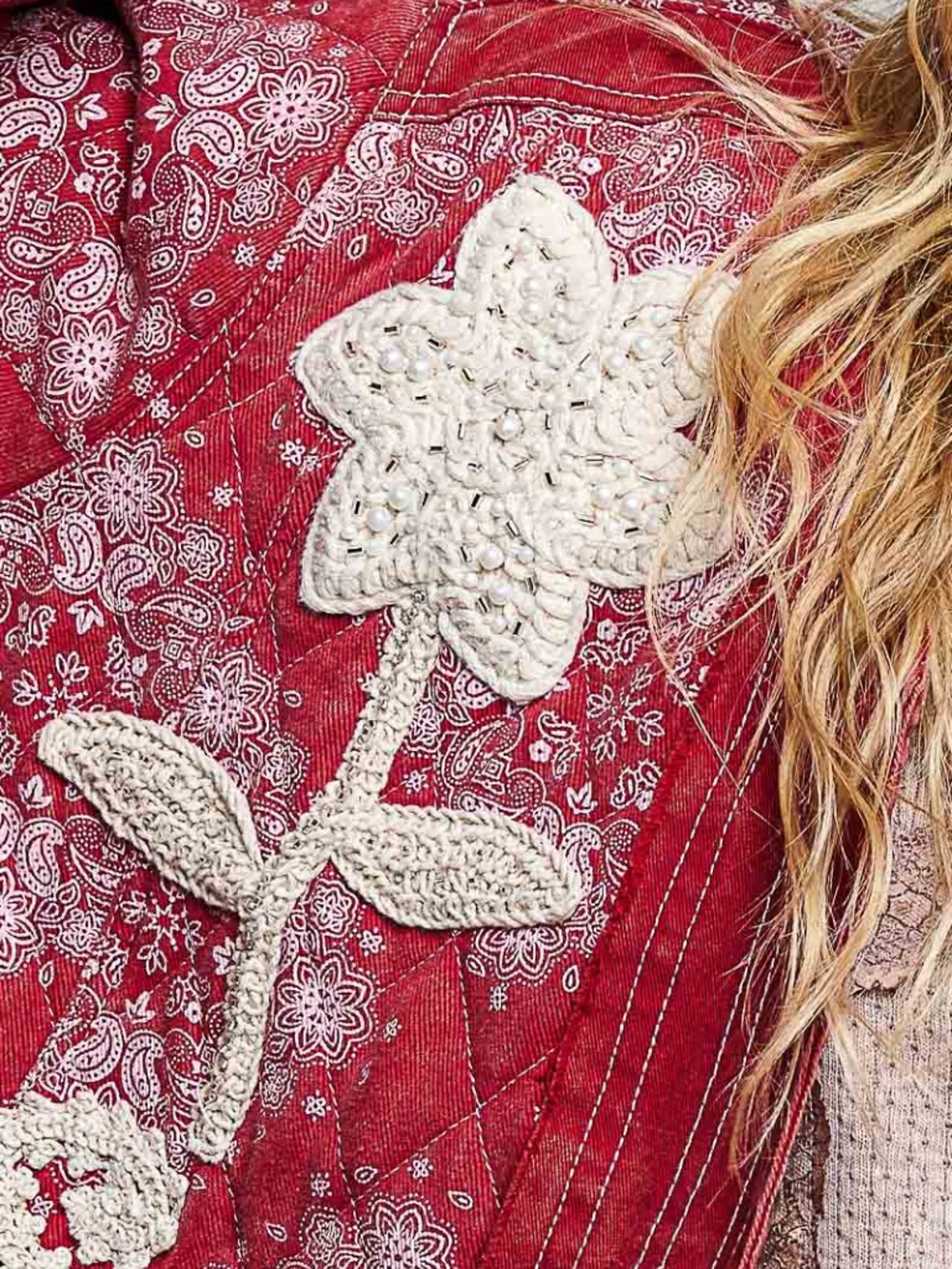 POL Red Paisley Print Reverse Stitch Floral Embroidered Open Front Jacket - Picture 8 of 8
